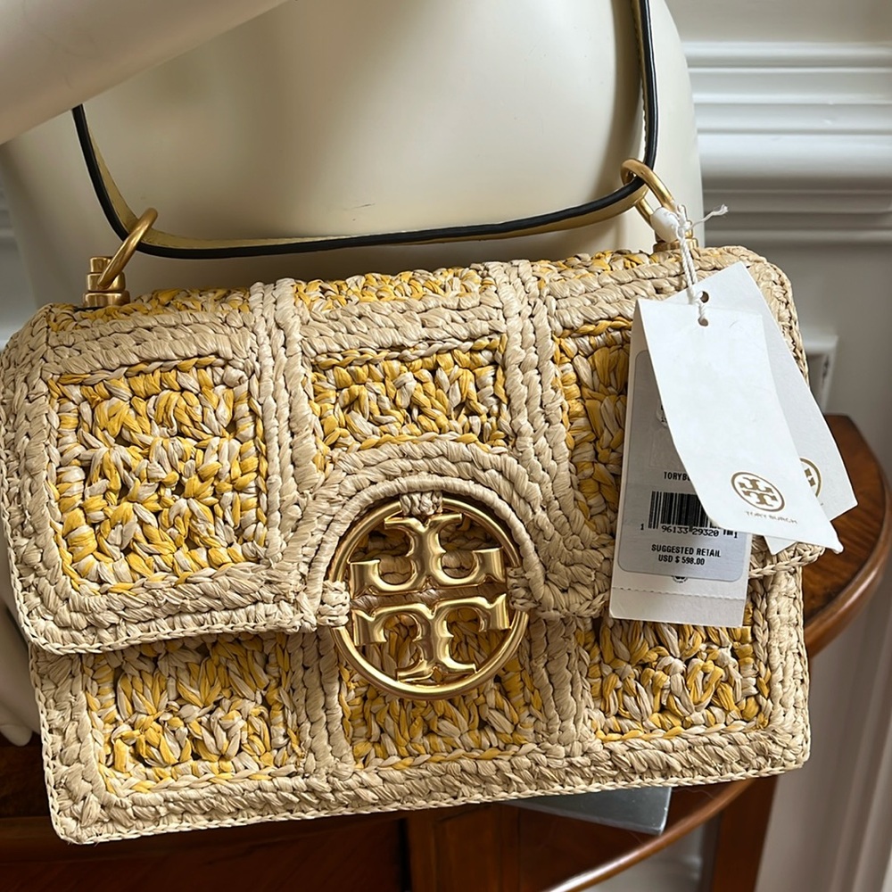 Tory Burch Miller Raffia Beeswax Yellow Crossbody Bag with Quilted Design